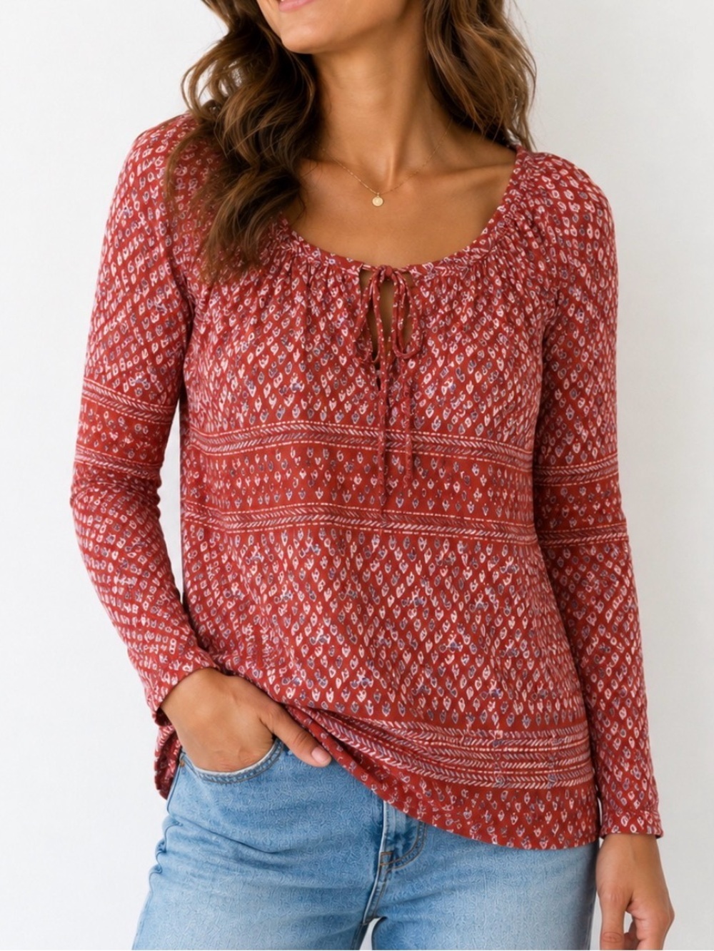 Love Stitch Women’s Rust Floral Peasant Blouse - Lightweight Long Sleeve Top LG